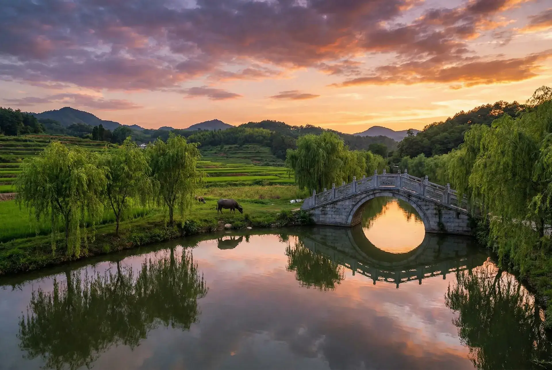 夕阳下的石拱桥与垂柳，水牛在河边吃草 - 老瞎眼怎么获得 乡村美景